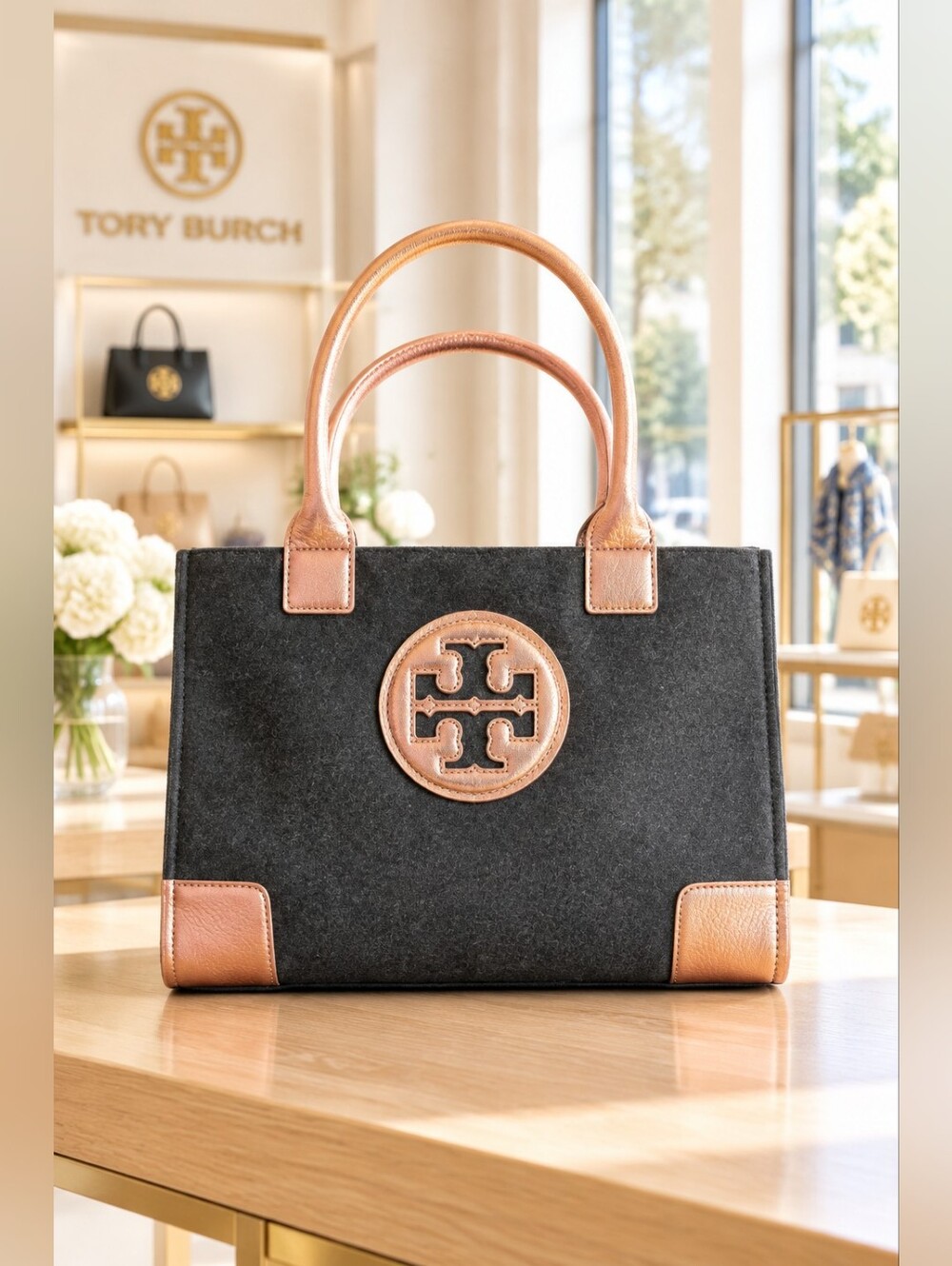 Tory Burch Ella Wool Felt & Metallic Leather Tote Bag EUC